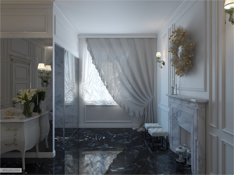 Дизайн окна в ванной в классическом стиле