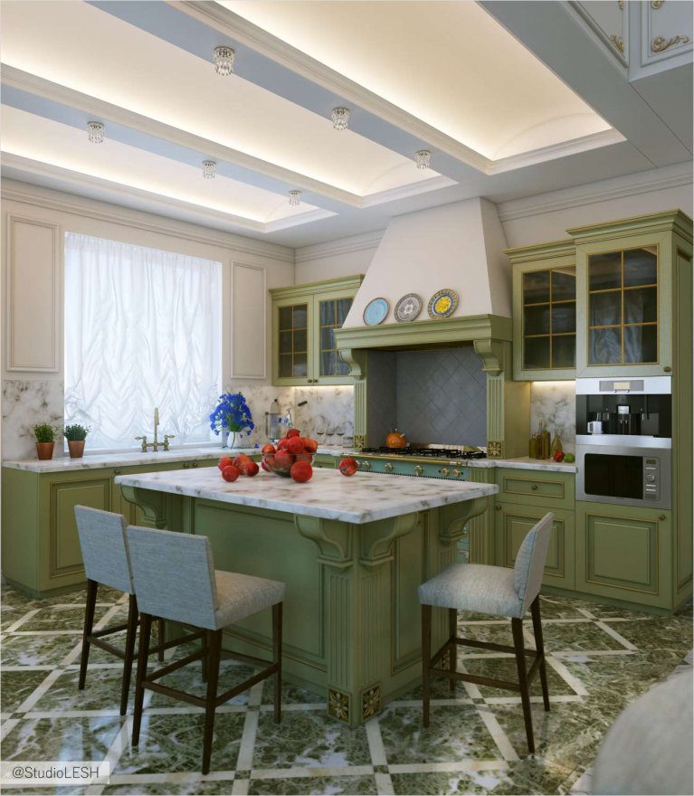 Дизайн интерьера кухни, остров, каменная столешница. 