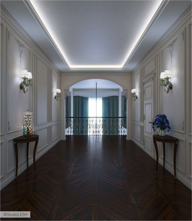 Дизайн интерьера второго этажа, коридор между комнатами