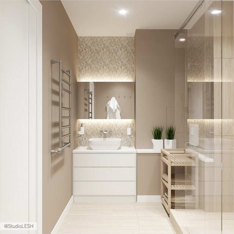 Дизайн интерьера ванной, небольшая раковина с тумбой