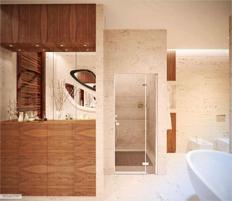 Дизайн интерьера ванной комнаты, зеркало