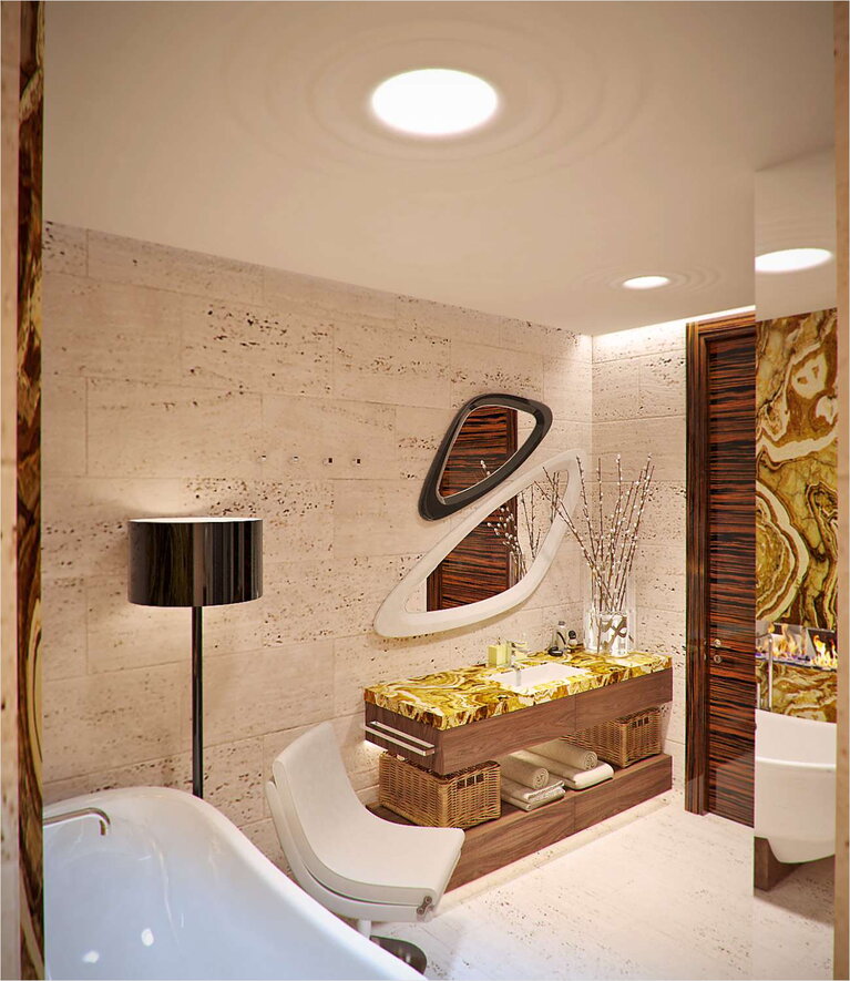 Дизайн интерьера ванной комнаты, зеркало раковина