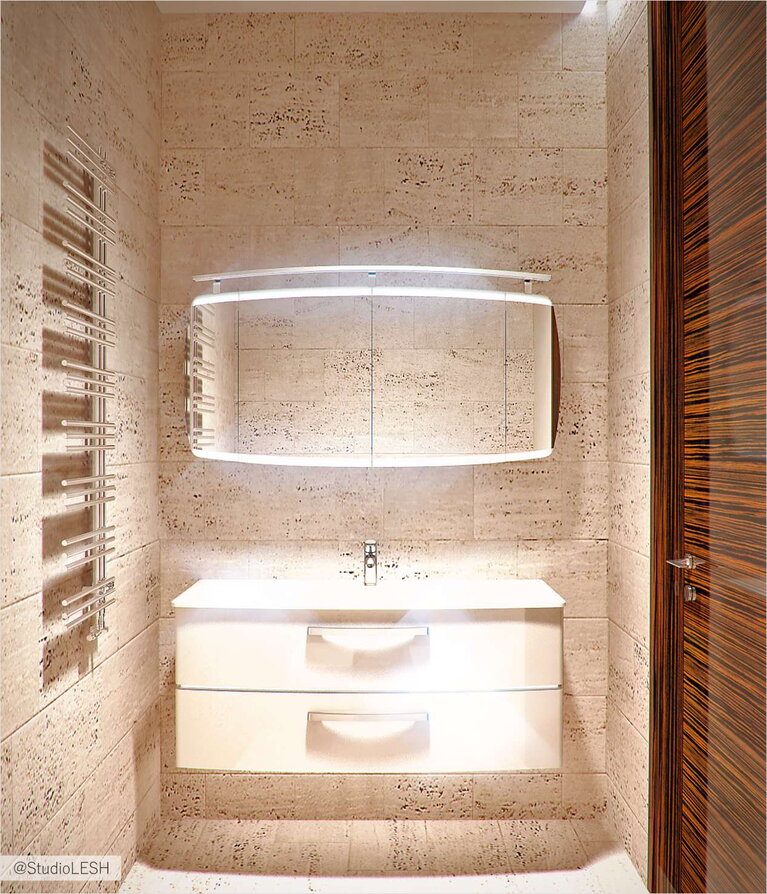 Дизайн интерьера туалета, подвесная полка с раковиной 