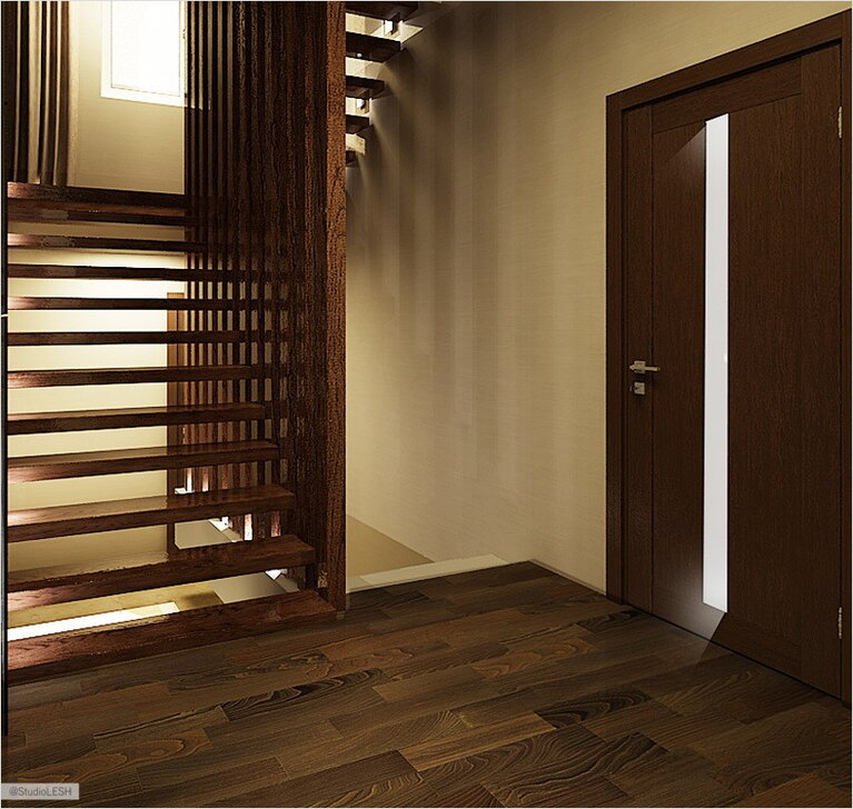 Деревянная лестница в доме, дизайн интерьера