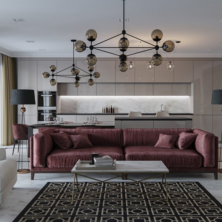  Large red sofa in the living room