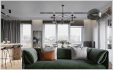  Large green sofa in the spacious kitchen-living room