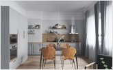 Kitchen with living room with light table construction and wooden chairs